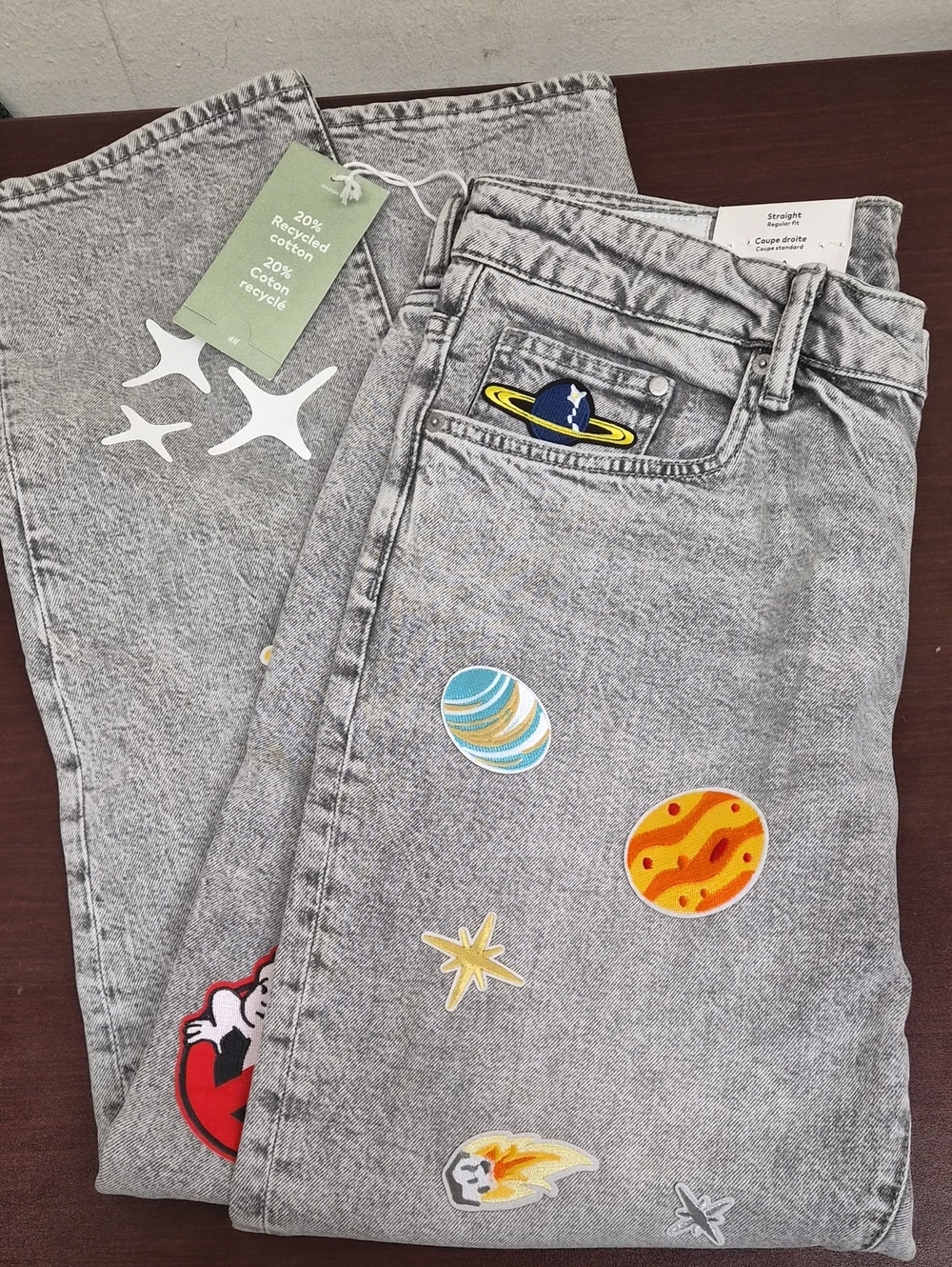 H&M Gray Straight Jeans with Colorful Planet & Star Patches Size 34/32
